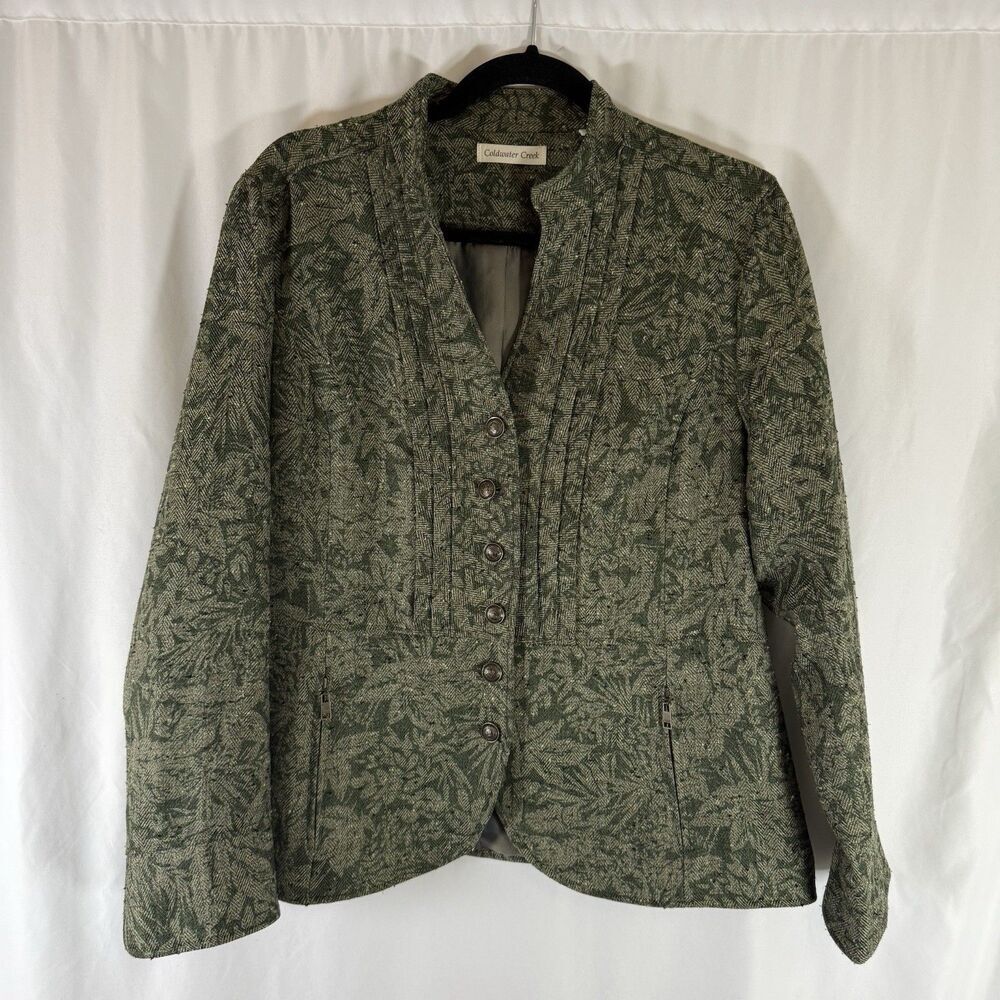 Coldwater Creek Jacket Women's 14 Green Button Up Pockets Long Sleeve Lined